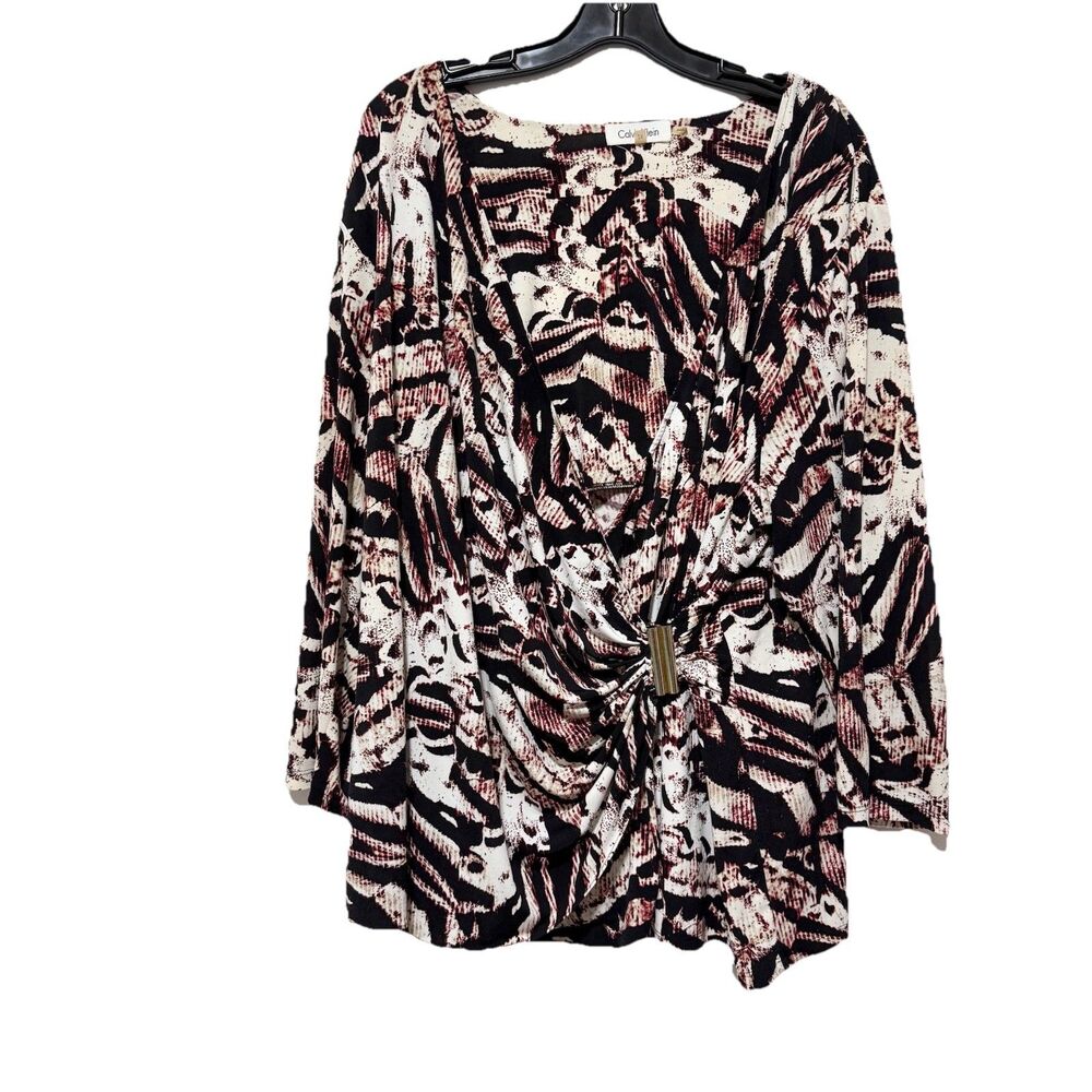 Calvin Klein 2X Plus Abstract Print Tunic Top Womens Ruched Buckle Long Sleeve
